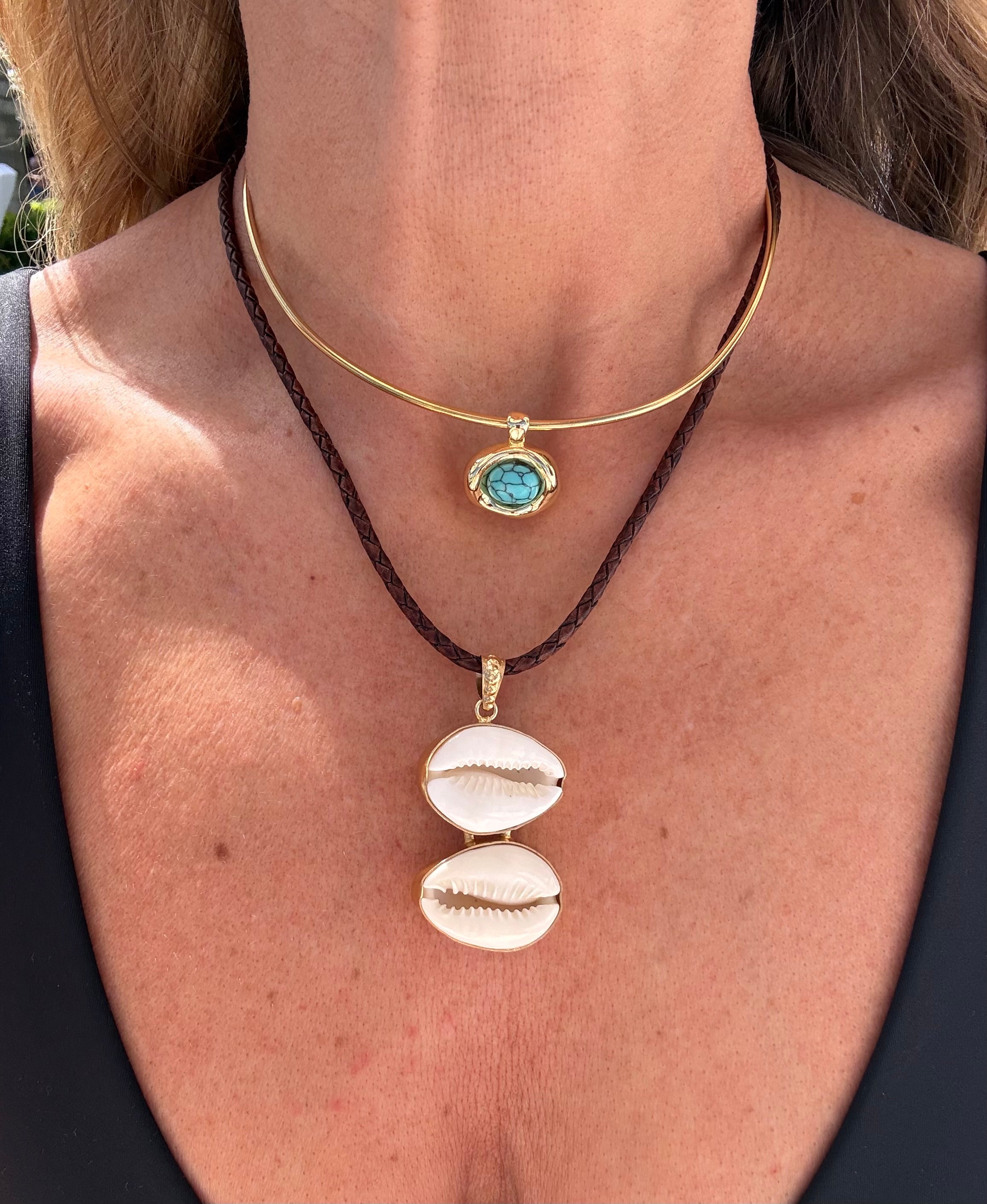Double shell pendant - Braided Leather Cord