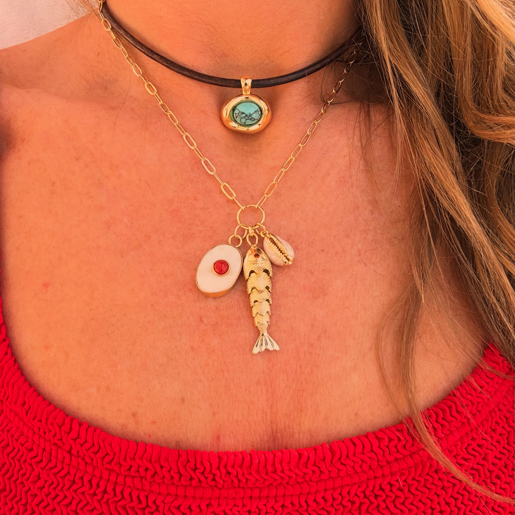 Gold fish and shell necklace - paperclip chain