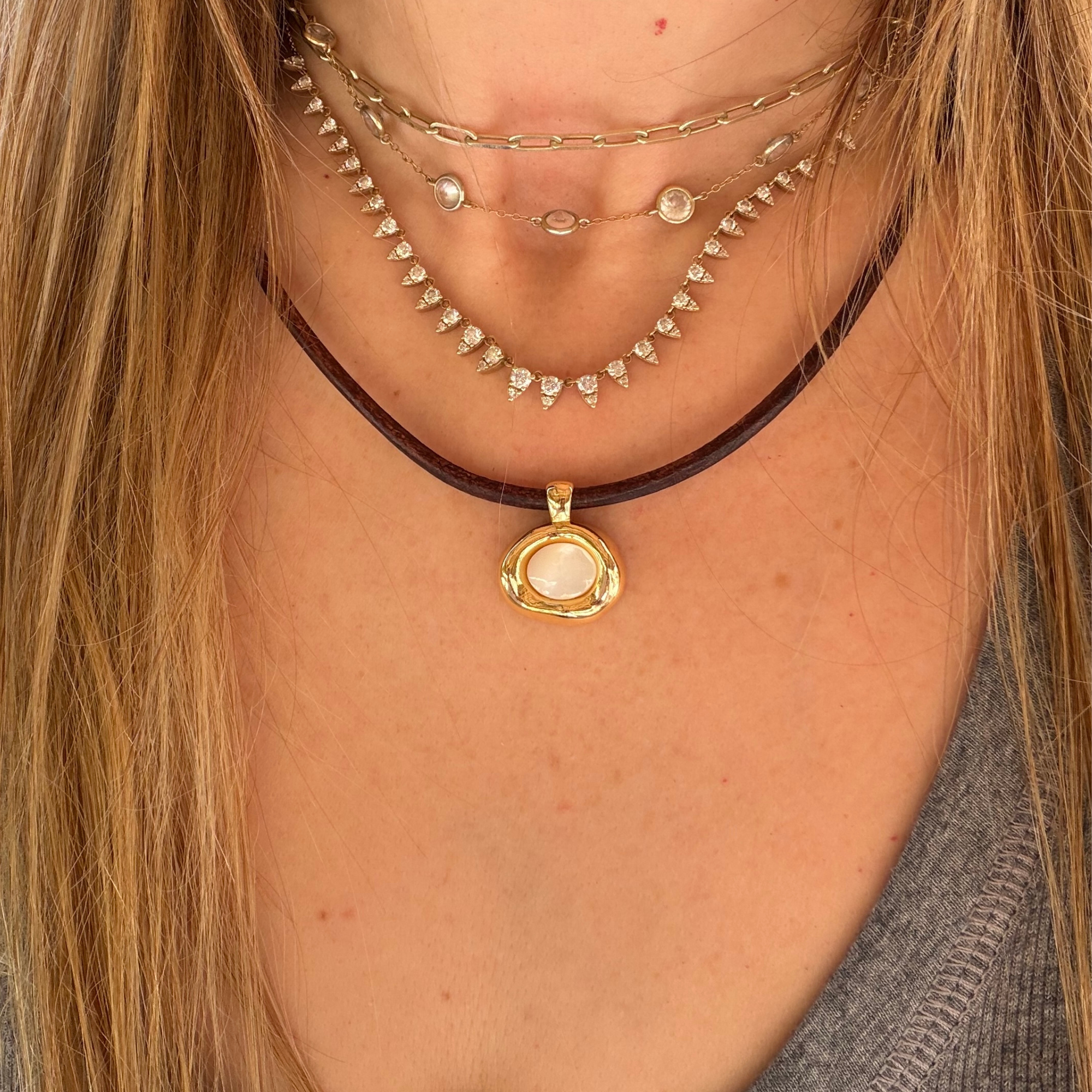 Brown Leather - Gold Pearl Button Charm