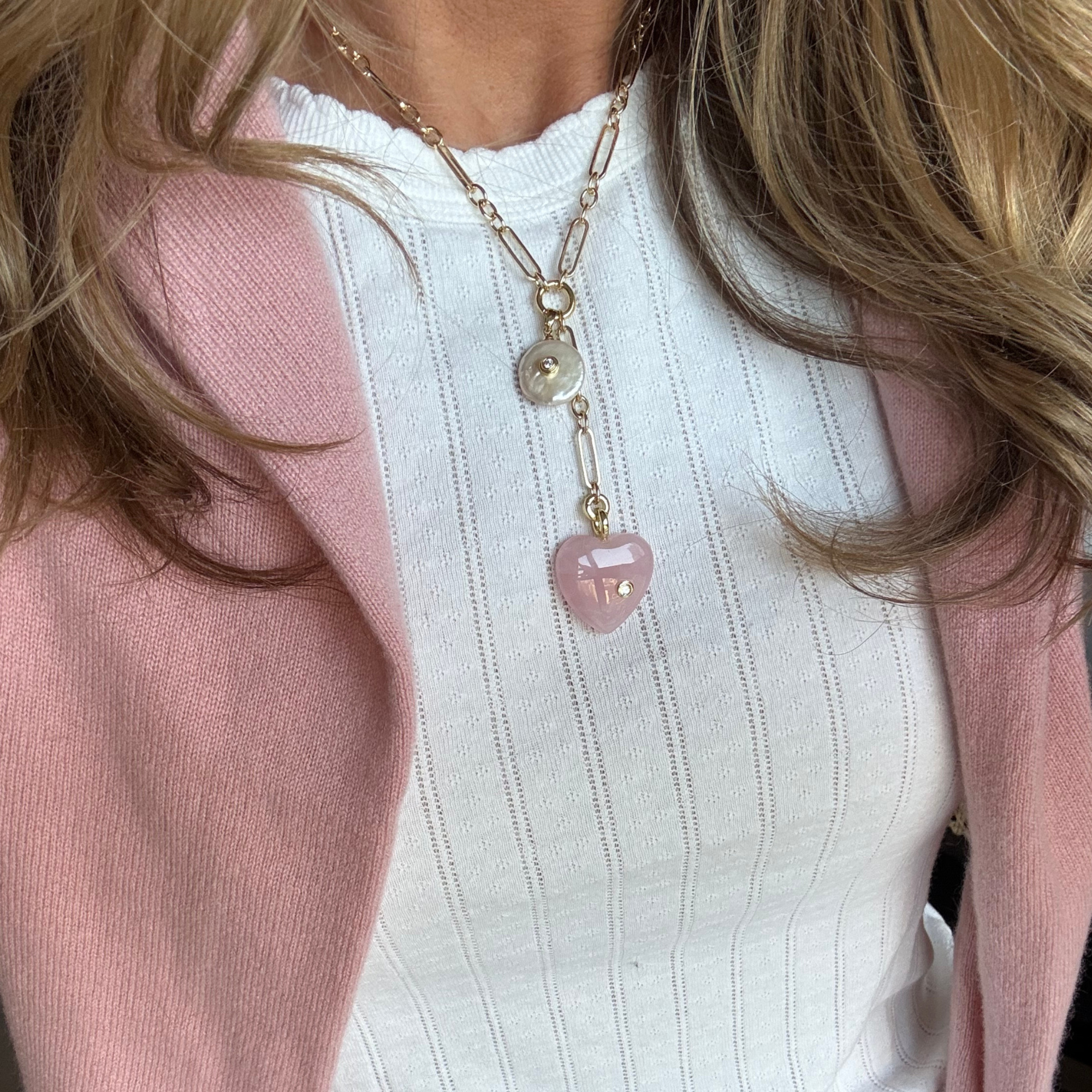 Gold Lariat Chain - Rose Quartz Heart and Pearl button