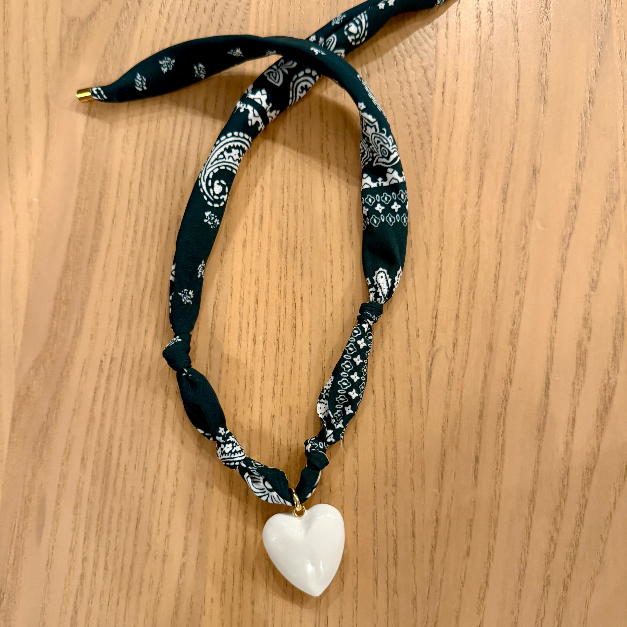 Green Bandana with White Puffy Heart