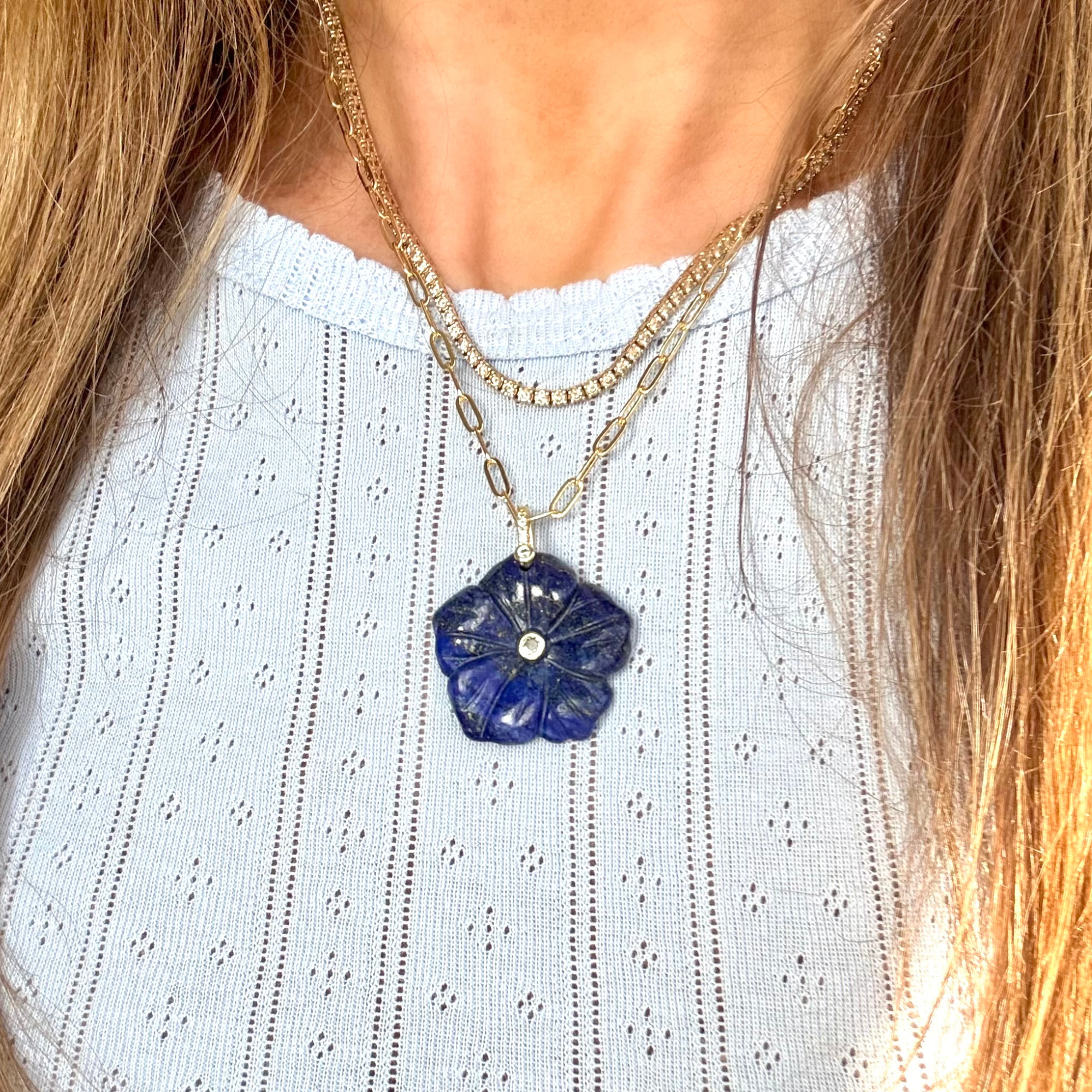 Gold Paperclip Chain - Lapis Flower