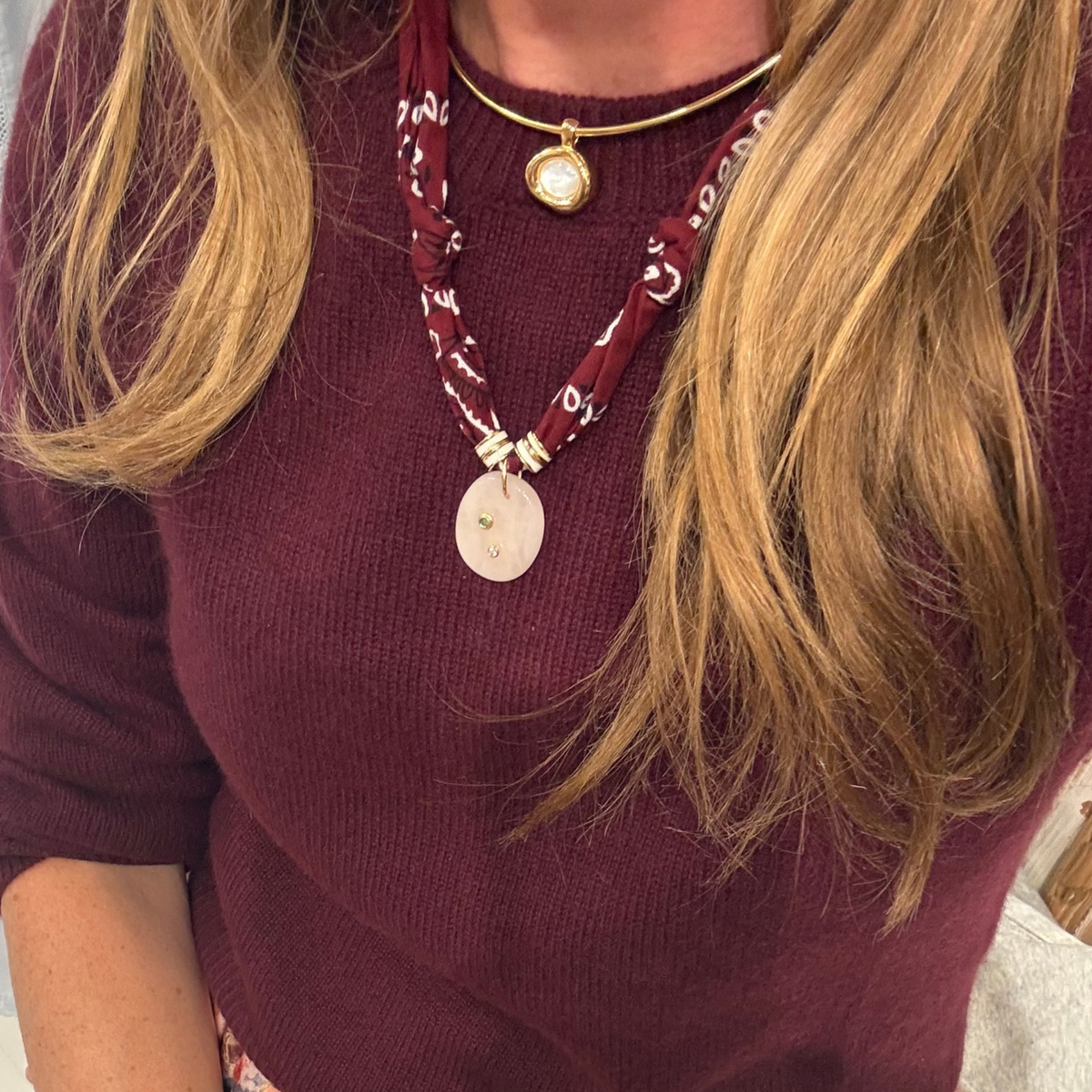 Burgundy Bandana with Rose Quartz Stone