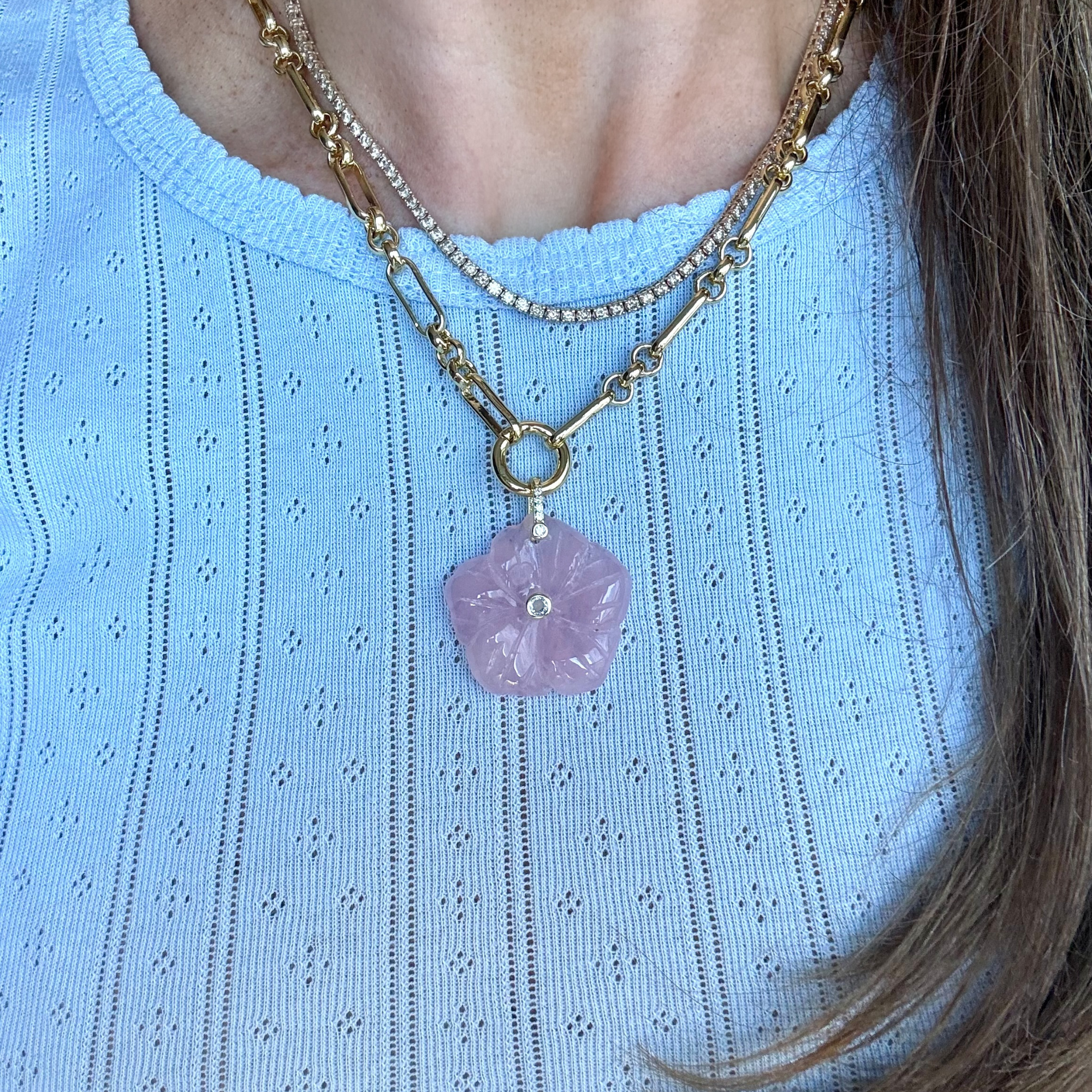 Chunky Gold Chain - Rose Quartz Flower