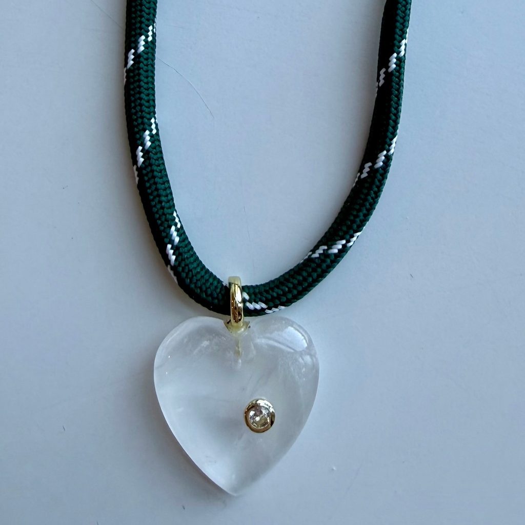 Green and White Paracord - Clear Quartz Heart