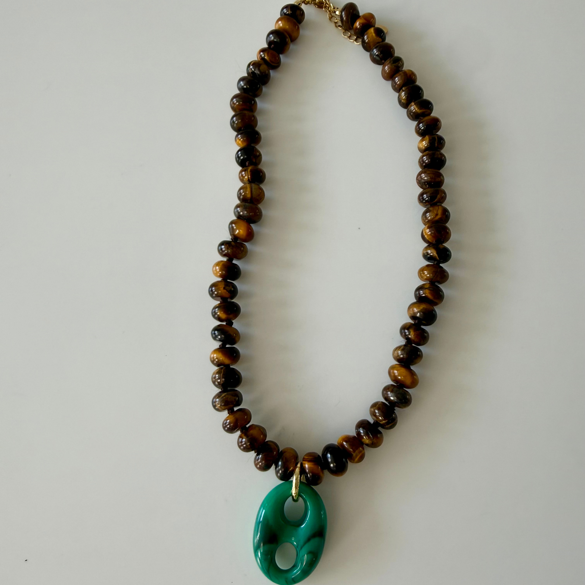 Tiger Eye Beads with Green Turquoise Mariner Pendant