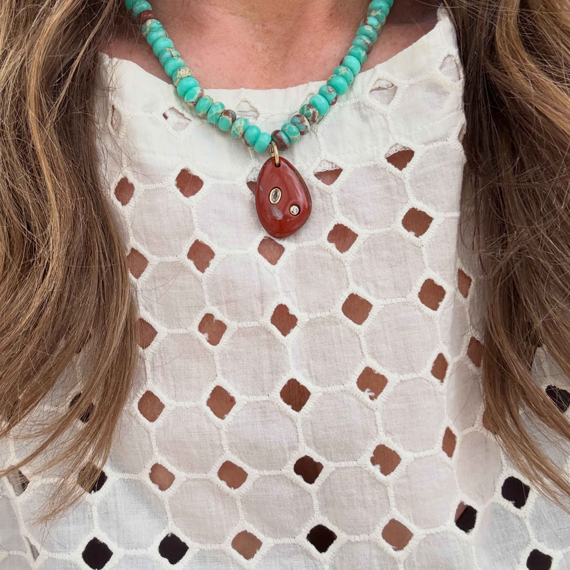 Green Teal Turquoise Beads - Ruffle Pendant