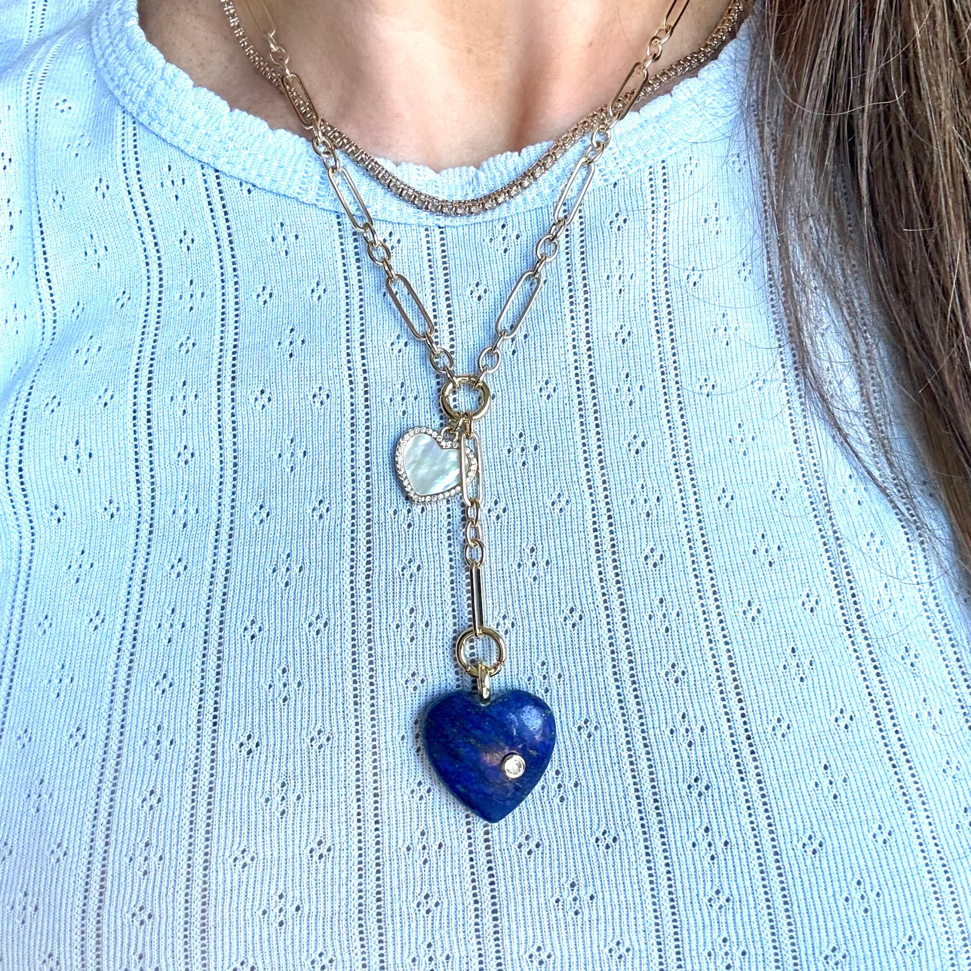 Gold Paperclip Chain - Custom Double Heart Lariat