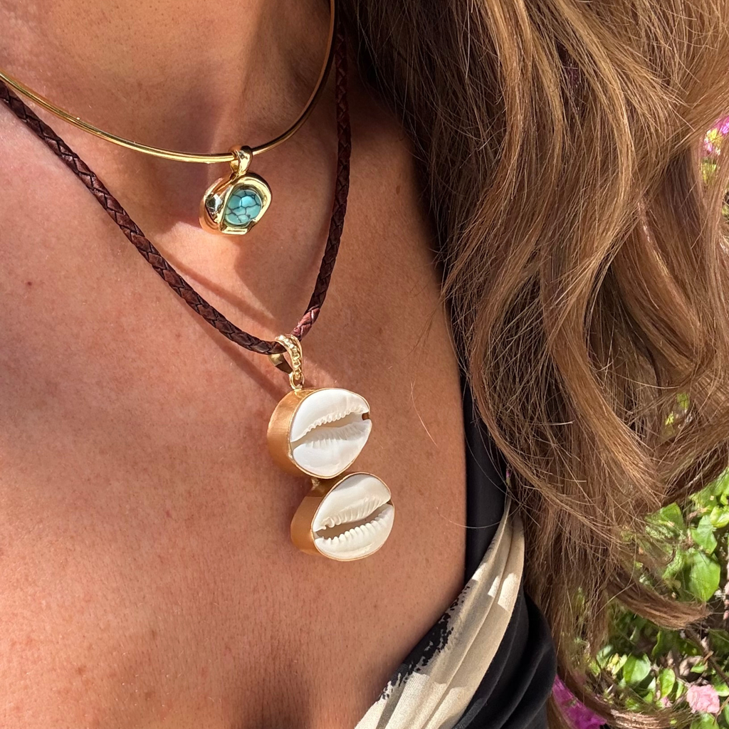 Double shell pendant - Braided Leather Cord