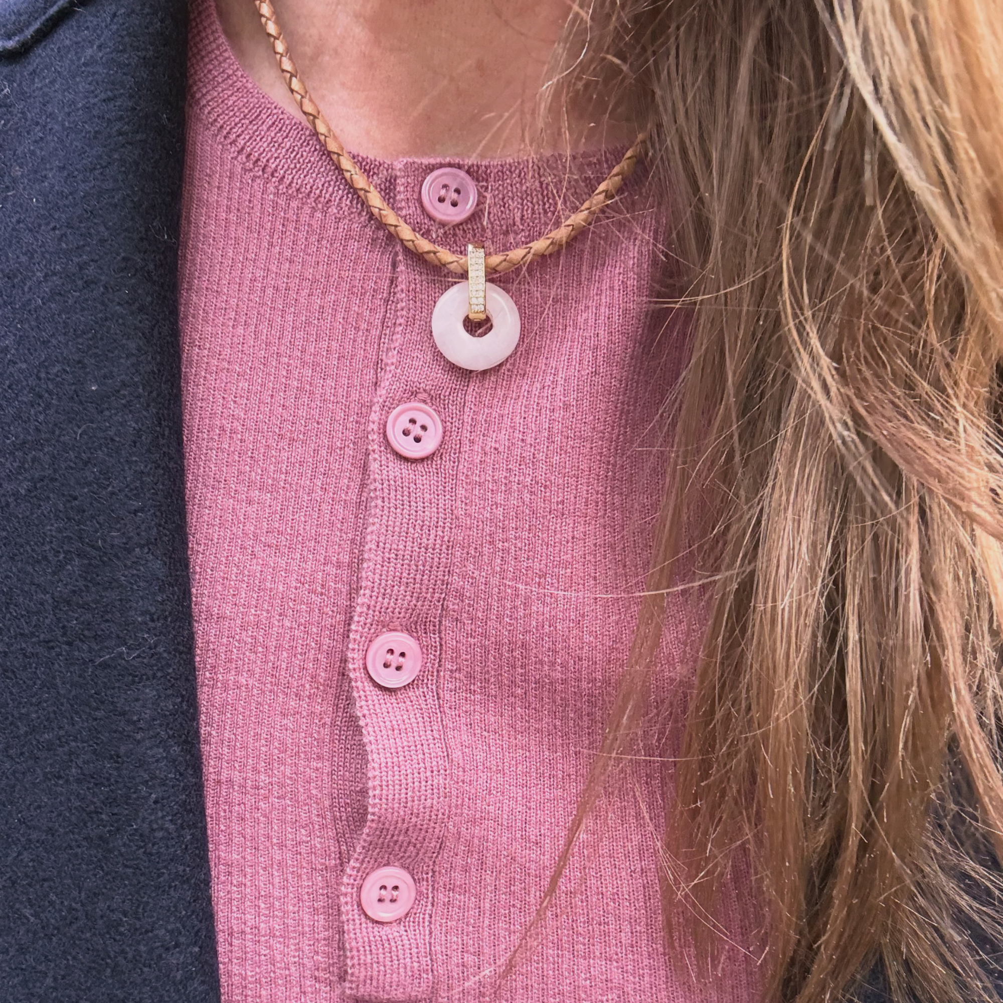 Beige Braided Leather - Rose Quartz Donut