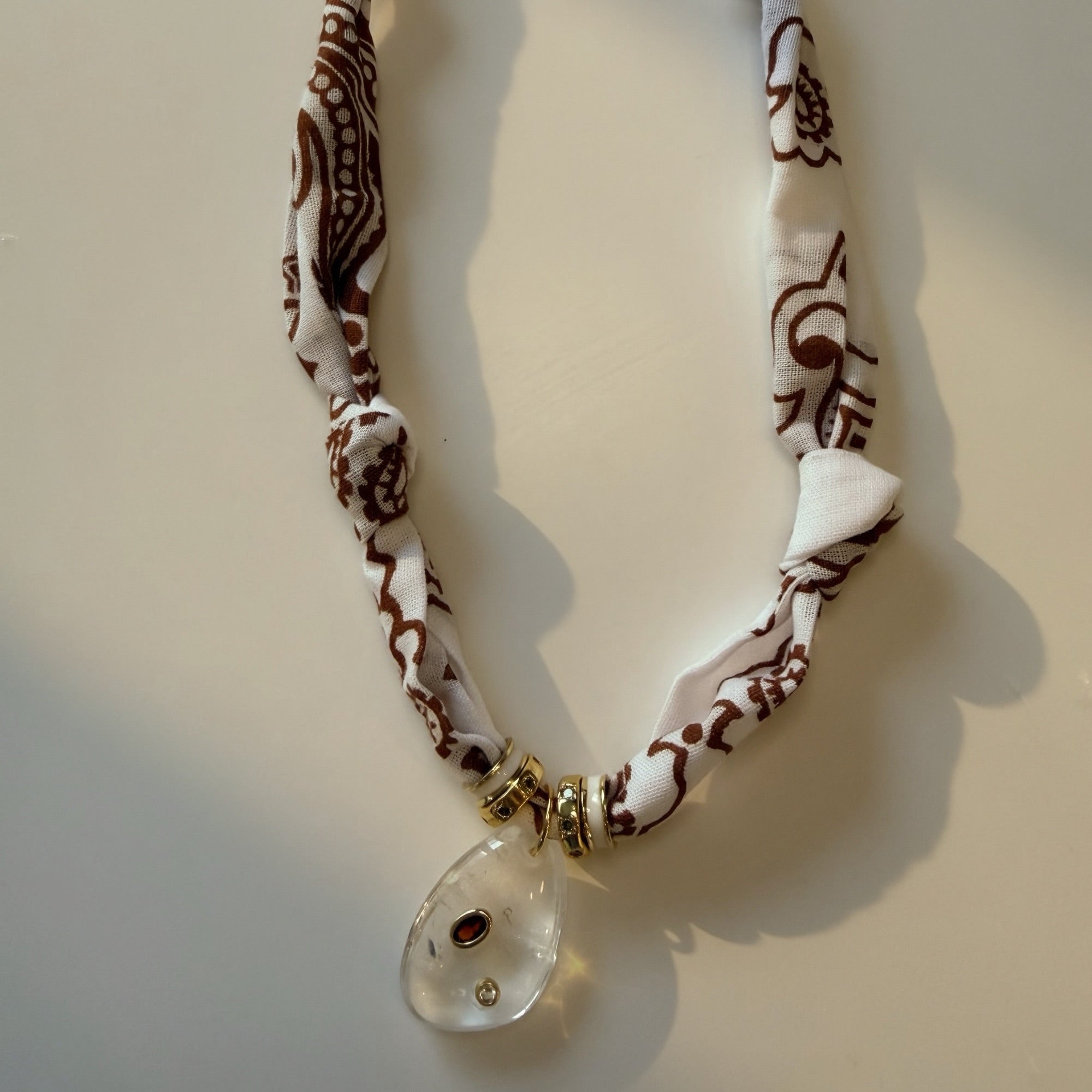 White and Brown Bandana with Clear Quartz