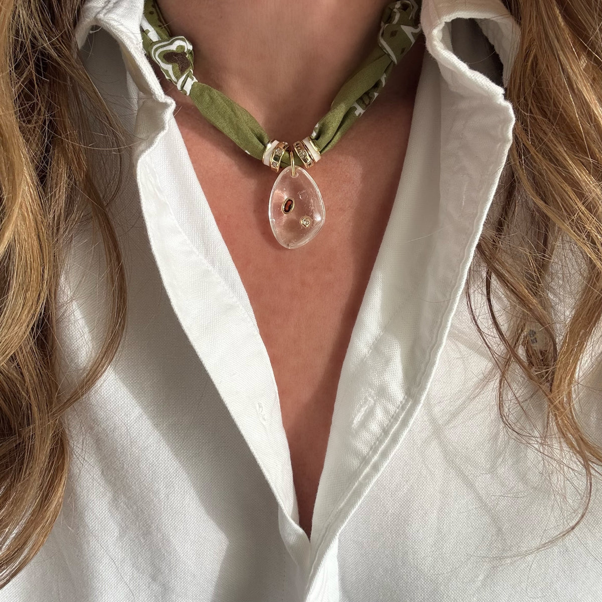 Green Bandana with Clear Quartz Stone