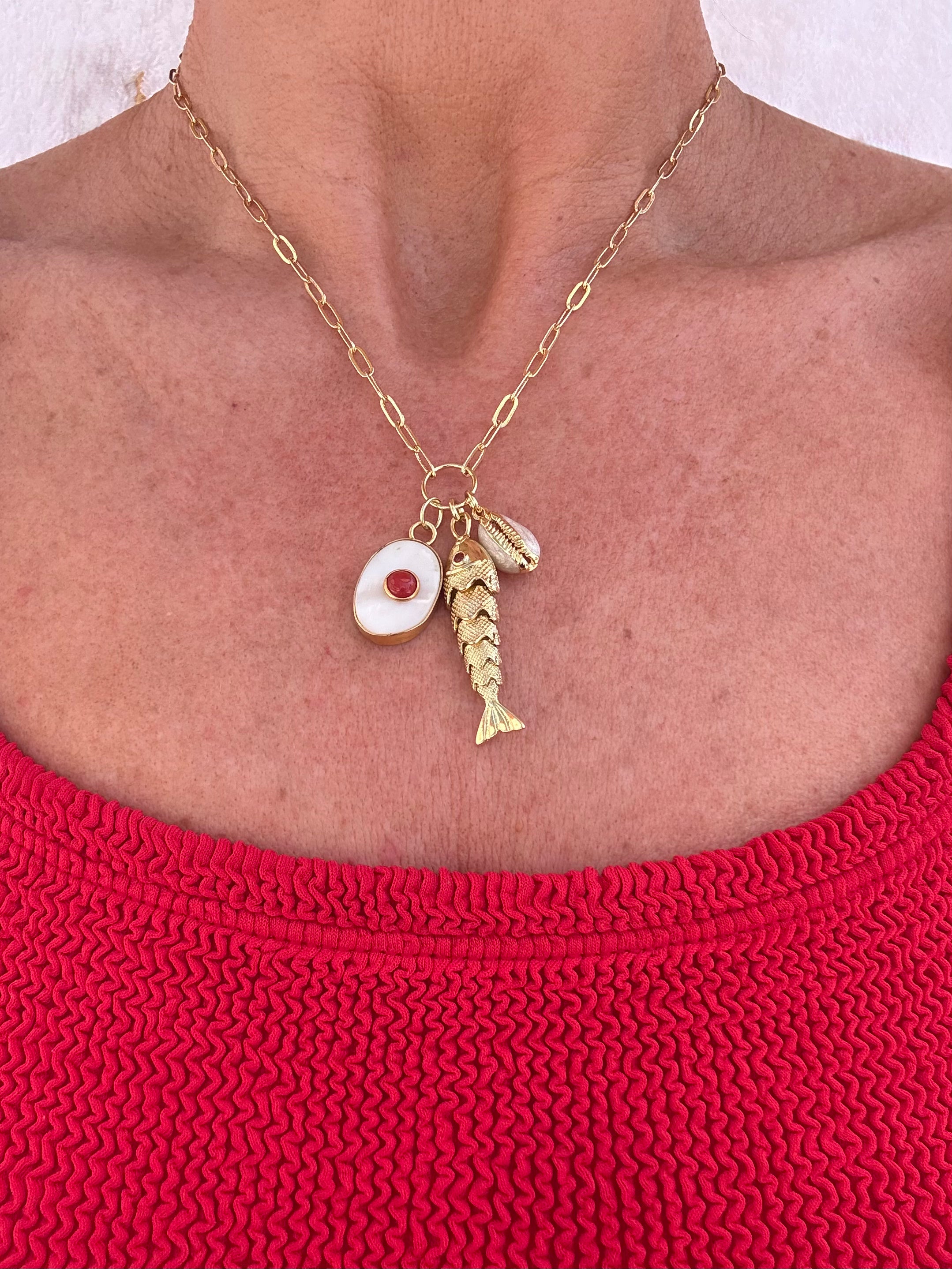 Gold fish and shell necklace - paperclip chain