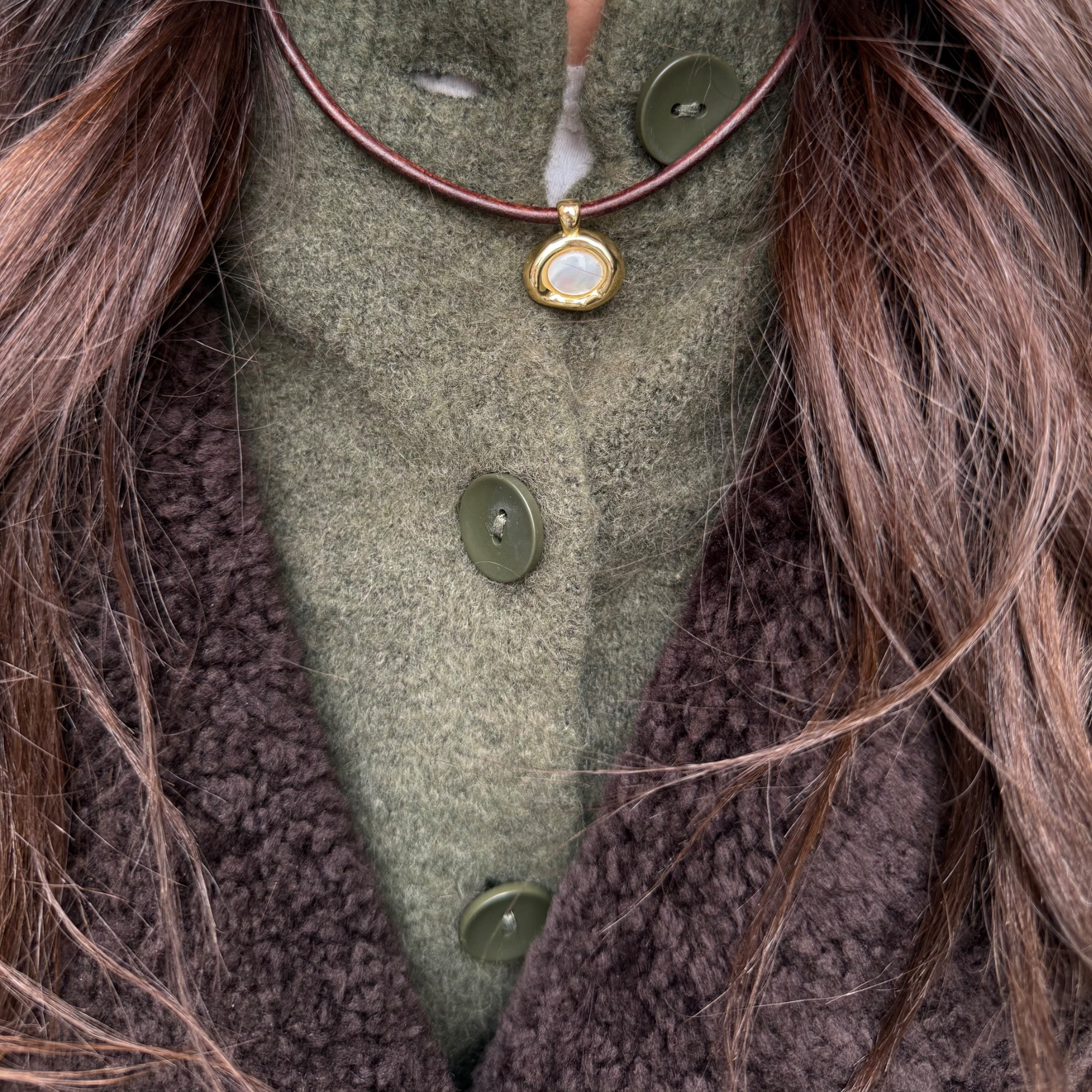 Brown Leather - Gold Pearl Button Charm