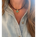 Braided Brown Leather - Gold Turquoise Button Charm